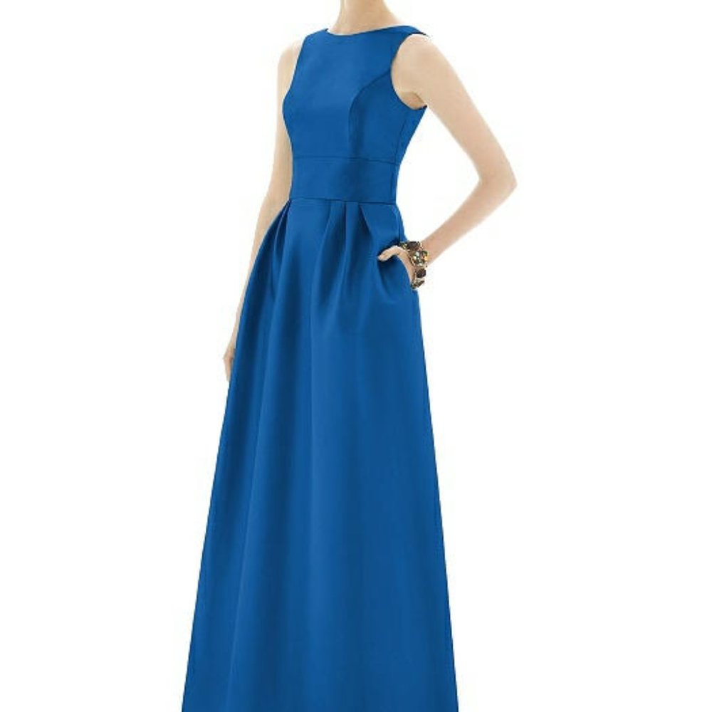 Alfred Sung Satin Twill D661 Open Back Blue Gown